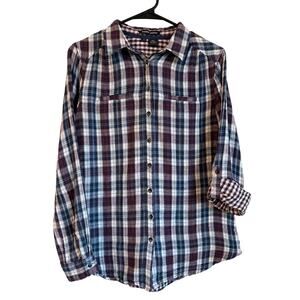 Sandra Ingrish Plaid Shirt Size M Gingham Cotton Buttonup Roll-tab Blue Burgundy